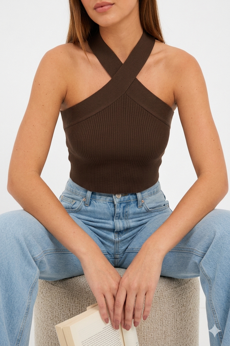 Monilo Halterneck Crop Top - seated shot, brown - Miss Mosa By Akanksha