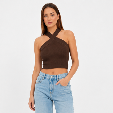 Monilo Halterneck Crop Top - front shot, brown - Miss Mosa By Akanksha