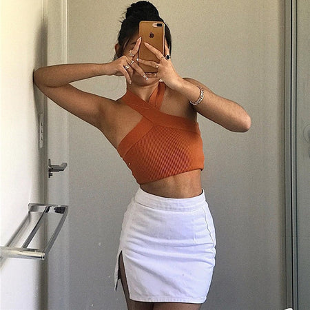 Monilo Halterneck Crop Top - front shot, orange - Miss Mosa By Akanksha