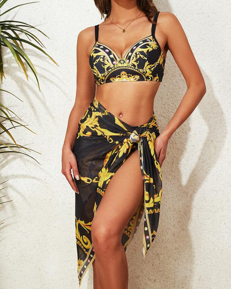 Morocco Swimsuit With Sarong Skirt In Black - front shot on model with sarong skirt - Miss Mosa By Akanksha