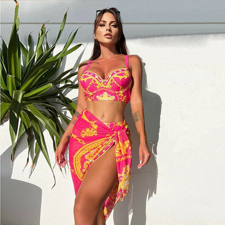 Morocco swimsuit with Sarong Skirt - lifestyle shot on model, pink - Miss Mosa By Akanksha