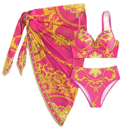 Morocco swimsuit with Sarong Skirt - flat-lay product shot, pink - Miss Mosa By Akanksha