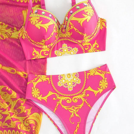 Morocco swimsuit with Sarong Skirt - close-up of print, pink - Miss Mosa By Akanksha
