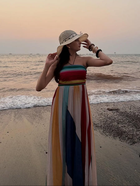 Mulberry Offshoulder Pleated Maxi Dress In Multicolour - full-length shot on model outdoors - Miss Mosa By Akanksha