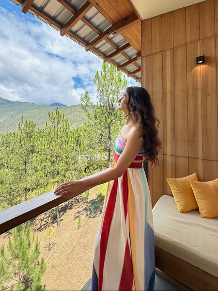 Mulberry Offshoulder Pleated Maxi Dress In Multicolour - side shot on model outdoors - Miss Mosa By Akanksha