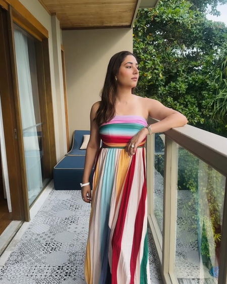 Mulberry Offshoulder Pleated Maxi Dress In Multicolour - front shot on model outdoors - Miss Mosa By Akanksha