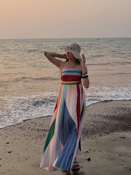 Mulberry Offshoulder Pleated Maxi Dress In Multicolour - side shot on model outdoors - Miss Mosa By Akanksha