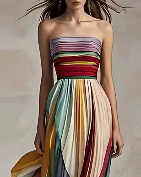 Mulberry Offshoulder Pleated Maxi Dress In Multicolour - front shot on model - Miss Mosa By Akanksha