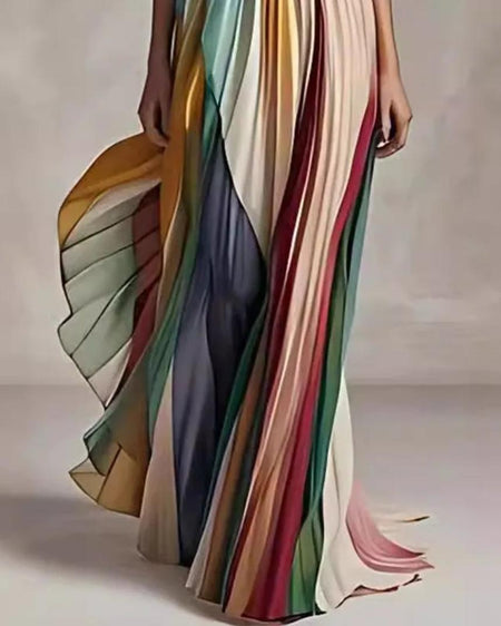 Mulberry Offshoulder Pleated Maxi Dress In Multicolour - close-up of pleated skirt - Miss Mosa By Akanksha
