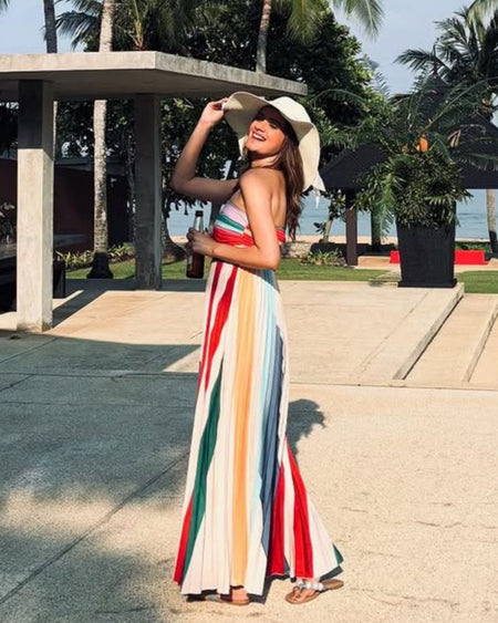 Mulberry Offshoulder Pleated Maxi Dress In Multicolour - side shot on model outdoors - Miss Mosa By Akanksha