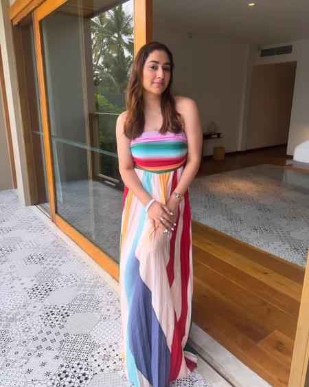 Mulberry Offshoulder Pleated Maxi Dress In Multicolour - front shot on model indoors - Miss Mosa By Akanksha