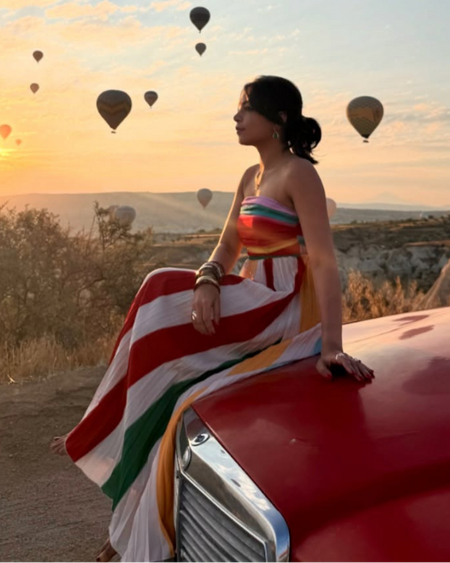 Mulberry Offshoulder Pleated Maxi Dress In Multicolour - styling shot on model outdoors - Miss Mosa By Akanksha