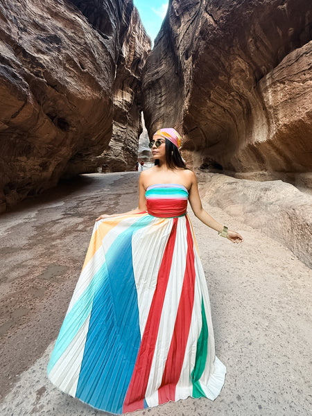 Mulberry Offshoulder Pleated Maxi Dress In Multicolour - full-length front shot on model - Miss Mosa By Akanksha