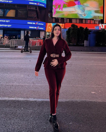 Murphy Luxury Coord Set - full-length shot on model, burgundy - Miss Mosa By Akanksha