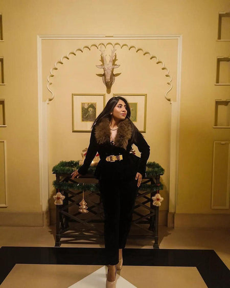 Murphy Luxury Coord Set - lifestyle shot on model, black - Miss Mosa By Akanksha