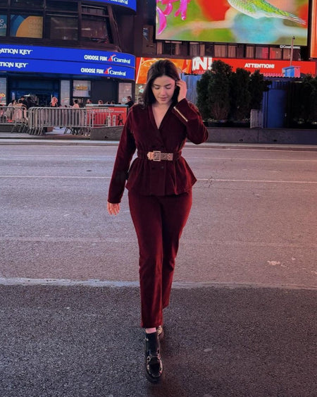 Murphy Luxury Coord Set - full-length shot on model, burgundy - Miss Mosa By Akanksha