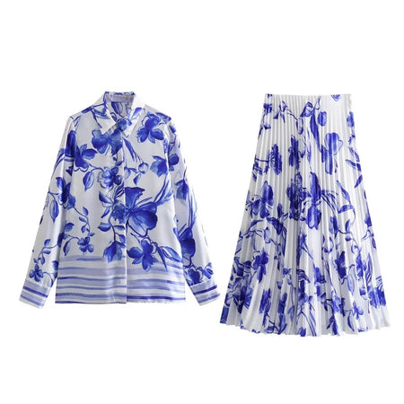 Mykonos Summer Floral Pleated Coord in White and Blue - styled flat-lay shot, blue and white - Miss Mosa By Akanksha