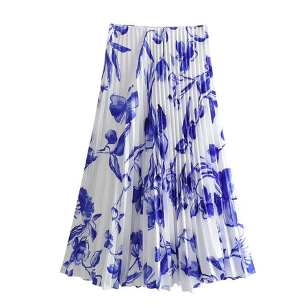 Mykonos Summer Floral Pleated Coord in White and Blue - flat-lay product shot, blue and white - Miss Mosa By Akanksha