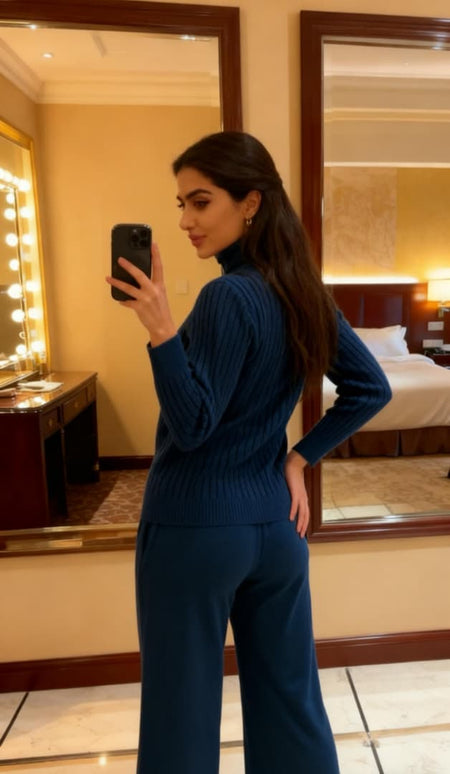 Mylan Luxe Winter Coord Set - back shot on model, navy blue - Miss Mosa By Akanksha
