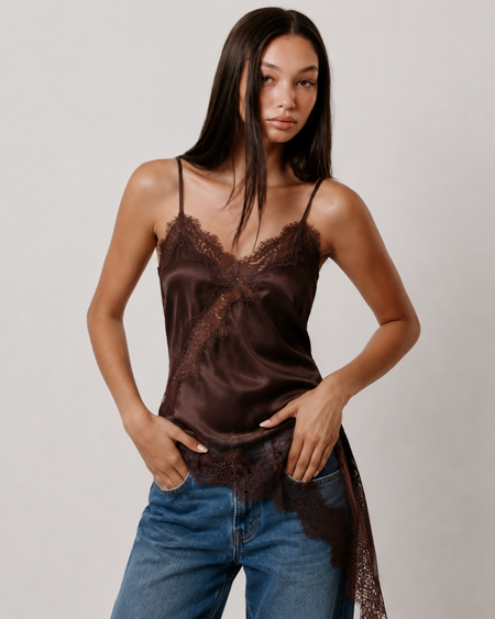 Myra Lace Mini Dress - close-up shot, chocolate brown - Miss Mosa By Akanksha
