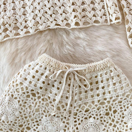 Nadia 3 Piece Coord Set In Beige - close-up of crochet detail, beige - Miss Mosa By Akanksha