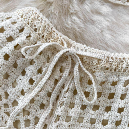 Nadia 3 Piece Coord Set In Beige - close-up of crochet tie, beige - Miss Mosa By Akanksha