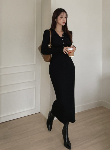 Nadine Midi Knitted Dress - full-length shot, black - Miss Mosa By Akanksha