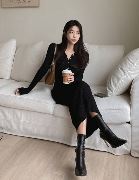 Nadine Midi Knitted Dress - seated shot, black - Miss Mosa By Akanksha