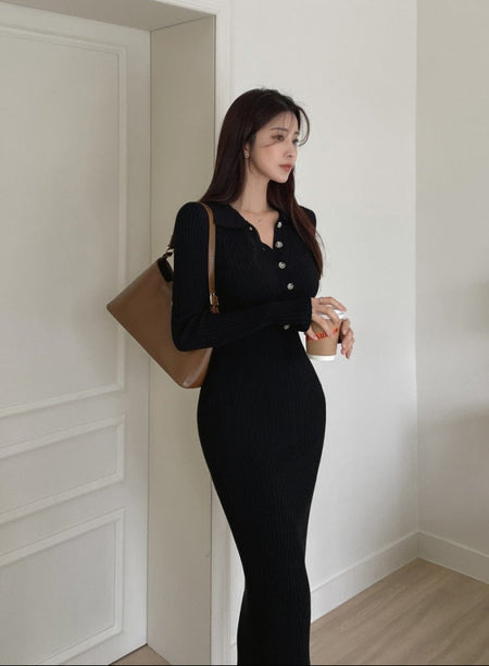 Nadine Midi Knitted Dress - three-quarter shot, black - Miss Mosa By Akanksha