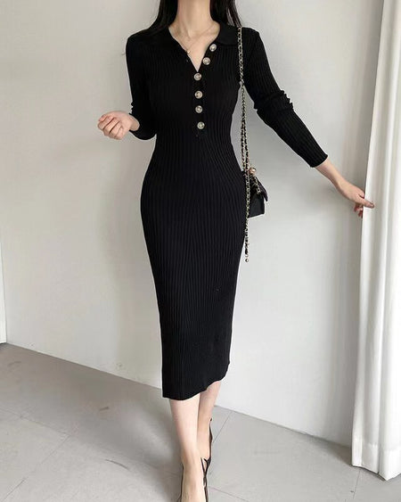 Nadine Midi Knitted Dress - seated shot, black - Miss Mosa By Akanksha