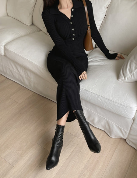 Nadine Midi Knitted Dress - close-up shot, black - Miss Mosa By Akanksha