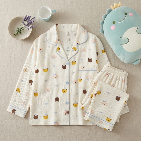 Nadine Printed Nightsuit - flat-lay shot, cream with animal print - Miss Mosa By Akanksha