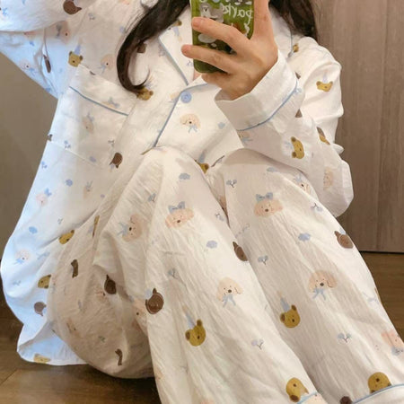 Nadine Printed Nightsuit - close-up shot, cream with animal print - Miss Mosa By Akanksha