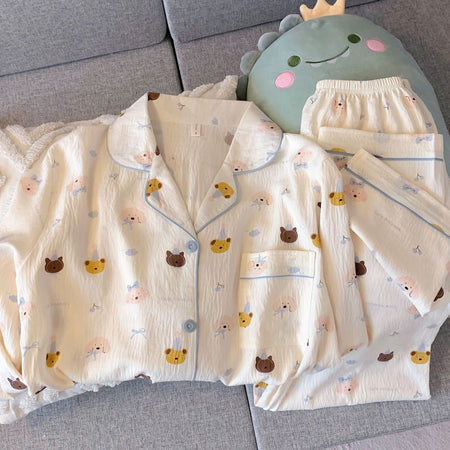 Nadine Printed Nightsuit - flat-lay shot, cream with animal print - Miss Mosa By Akanksha