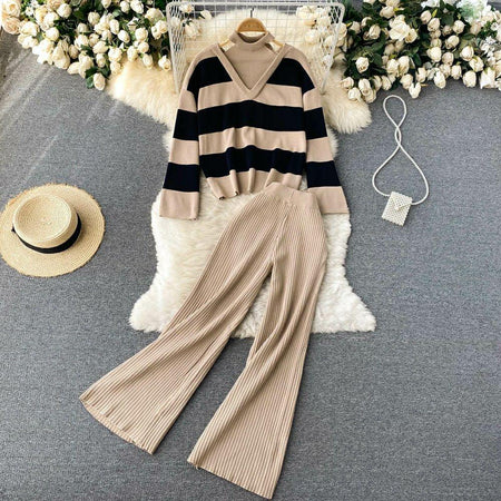 Naomi Striped Woolen Coord Set - styled flat-lay shot, beige - Miss Mosa By Akanksha