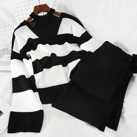 Naomi Striped Woolen Coord Set - front shot on hanger, black - Miss Mosa By Akanksha