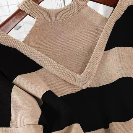 Naomi Striped Woolen Coord Set - close-up of neckline, beige - Miss Mosa By Akanksha