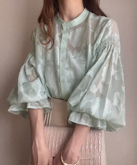 Natala Puffed Sleeve Formal Shirt In Pista Green - front shot on model - Miss Mosa By Akanksha