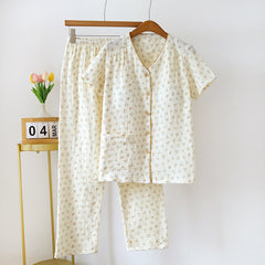 Natalina Floral Padded Nightsuit - hanging flat-lay shot, cream with small floral print - Miss Mosa By Akanksha