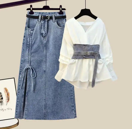 Nayeli Luxury Corset 3 Piece Set In White - front shot on model of blouse and denim skirt set - Miss Mosa By Akanksha