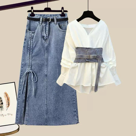 Nayeli Luxury Corset 3 Piece Set In White - flat-lay product shot of blouse and denim skirt set - Miss Mosa By Akanksha
