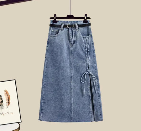 Nayeli Luxury Corset 3 Piece Set In White - flat-lay product shot of denim skirt - Miss Mosa By Akanksha