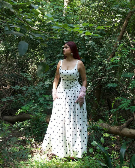 Neiman Polka Summer Holiday Maxi Dress In Off-White - full-length shot on model - Miss Mosa By Akanksha