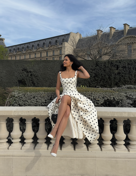 Neiman Polka Summer Holiday Maxi Dress In Off-White - seated shot on model - Miss Mosa By Akanksha