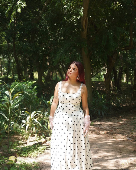 Neiman Polka Summer Holiday Maxi Dress In Off-White - full-length shot on model - Miss Mosa By Akanksha