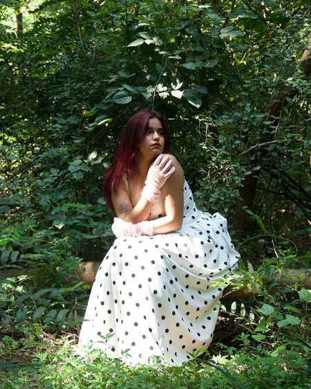 Neiman Polka Summer Holiday Maxi Dress In Off-White - seated shot on model - Miss Mosa By Akanksha
