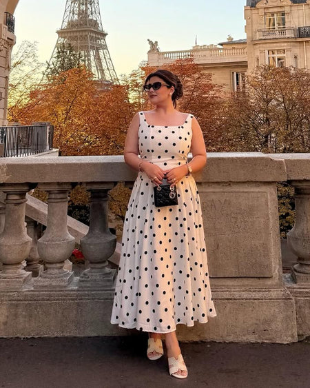 Neiman Polka Summer Holiday Maxi Dress In Off-White - front shot on model - Miss Mosa By Akanksha