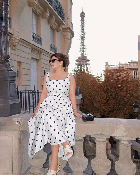 Neiman Polka Summer Holiday Maxi Dress In Off-White - seated shot on model - Miss Mosa By Akanksha