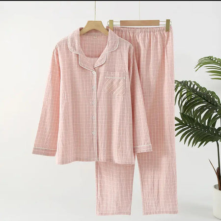 Nela Premium Cotton Nightsuit In Pink - flat-lay product shot of shirt and trousers on hangers - Miss Mosa By Akanksha