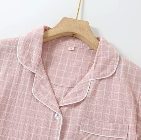 Nela Premium Cotton Nightsuit In Pink - close-up of collar on hanger - Miss Mosa By Akanksha
